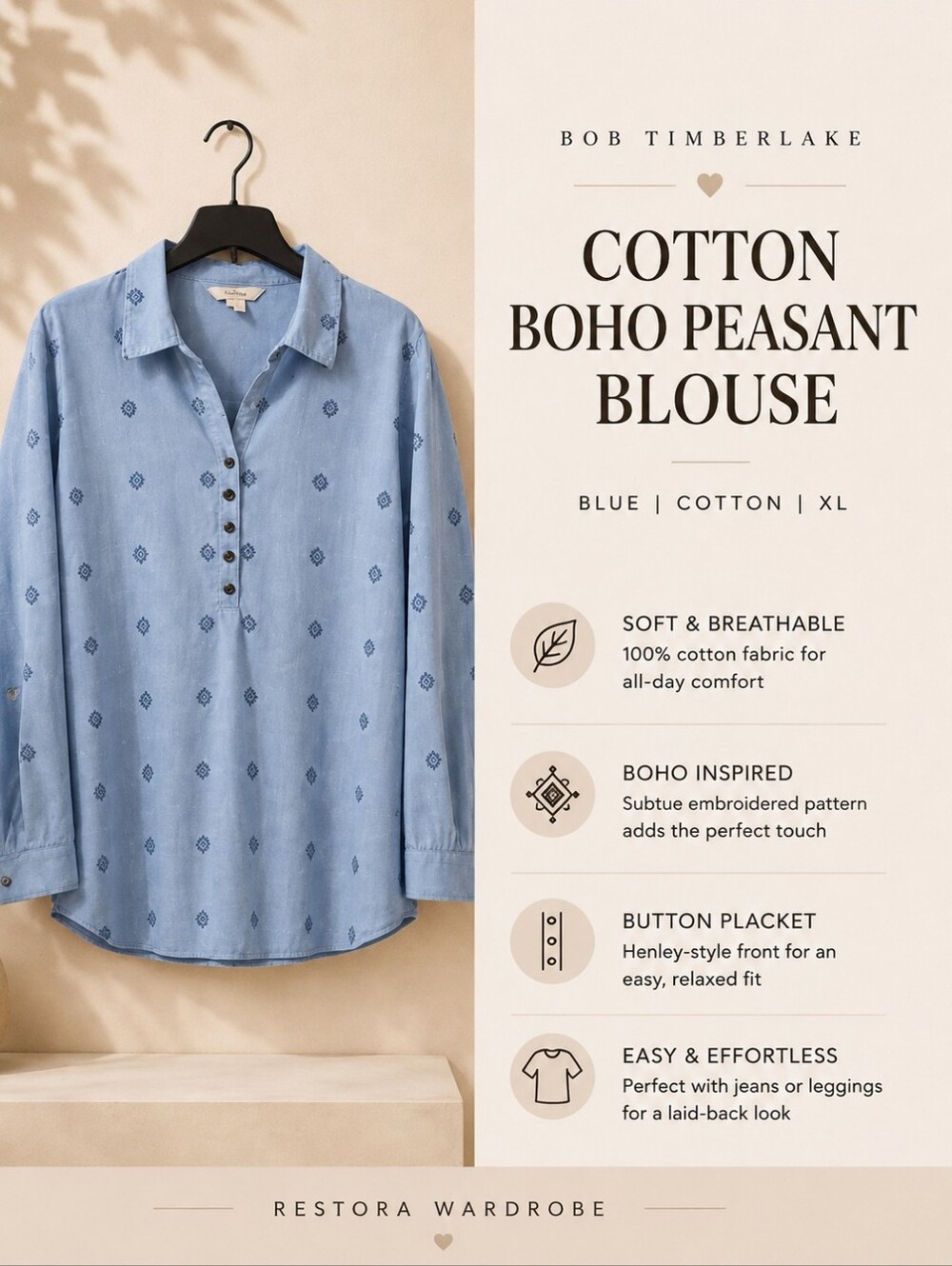 Bob Timberlake Blue Chambray Cotton Tunic Blouse XL Boho